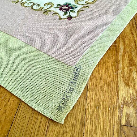 Vintage Pink Floral Needlepoint with Roses and Scroll Design Unframed - Picture 8 of 15